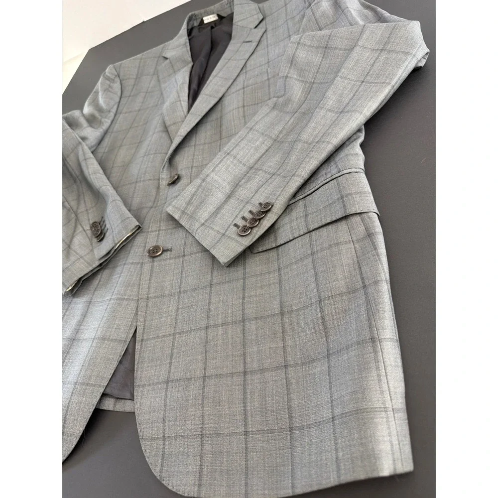 Saks Fifth Avenue Black Ermenegildo Zegna Grey Plaid Wool Silk Blazer 42R Italy